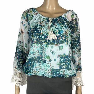 Beautees Blue and Green Floral Blouse laced Wrist